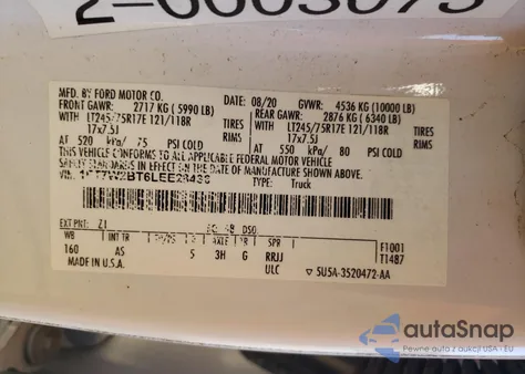 2020 Ford F250 Super Duty из США, поврежденный, VIN 1FT7W2BT6LEE28436